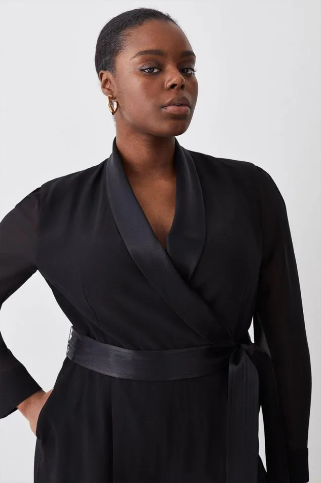 Jumpsuits Women Karen Millen Plus Size Sheer Sleeve Tuxedo Wrap Jumpsuit Black