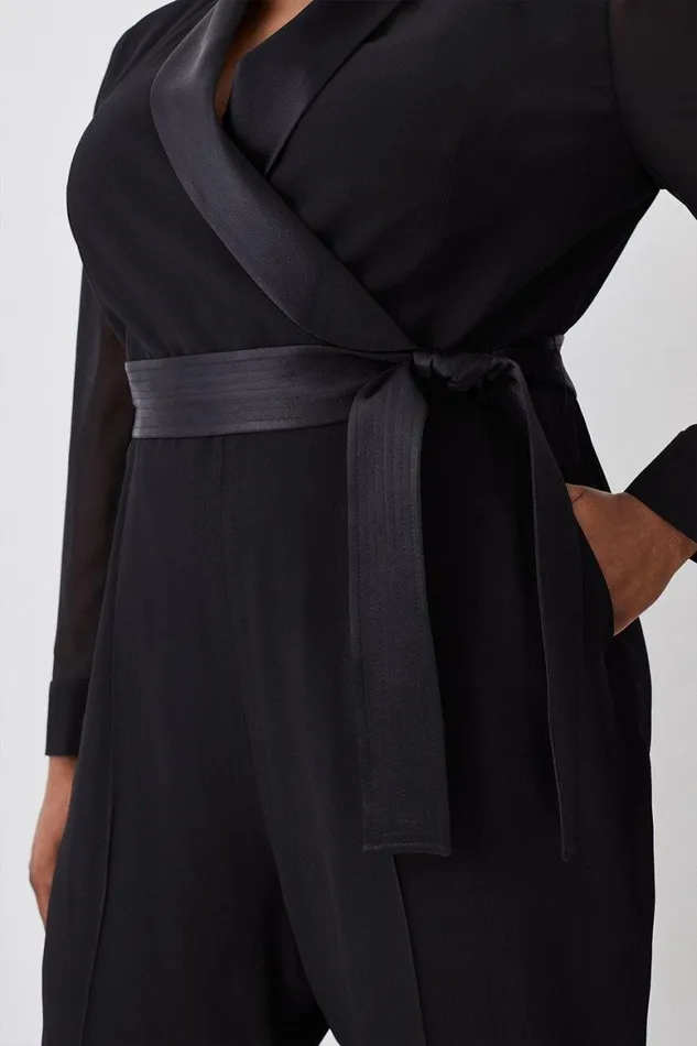 Jumpsuits Women Karen Millen Plus Size Sheer Sleeve Tuxedo Wrap Jumpsuit Black