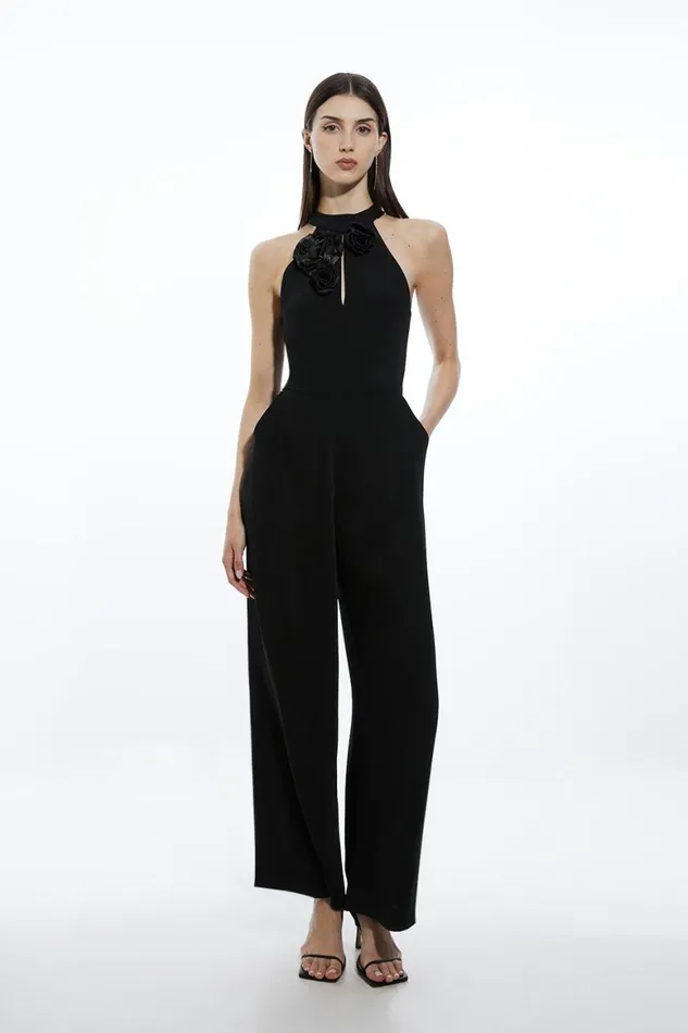 Jumpsuits Women Karen Millen Soft Tailored Corsage Keyhole Halterneck Wide Leg Jumpsuit Black