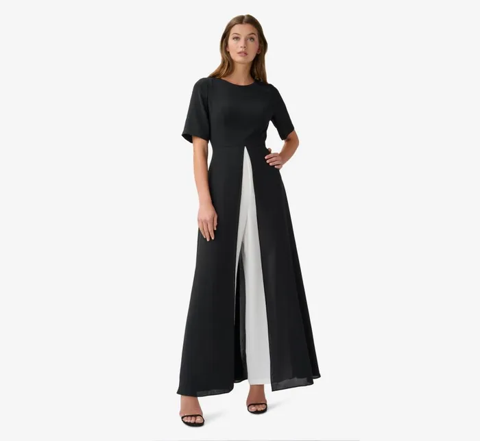 Jumpsuits Womens Adrianna Papell Colorblock Gauzy Crepe Jumpsuit With Skirt Overlay In Black Ivory Jumpsuits Womens Adrianna Papell Colorblock Gauzy Crepe Jumpsuit With Skirt Overlay In Black Ivory