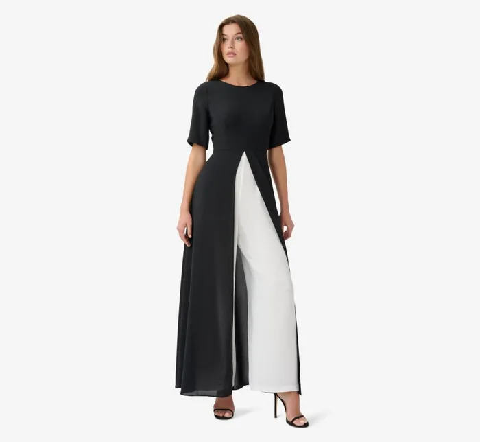 Jumpsuits Womens Adrianna Papell Colorblock Gauzy Crepe Jumpsuit With Skirt Overlay In Black Ivory