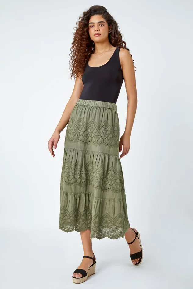 Khaki Broderie Elastic Waist A Line Tiered Midi Skirt Women Roman Skirts