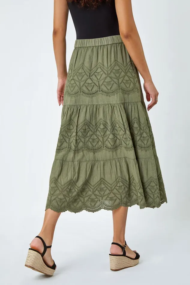 Khaki Broderie Elastic Waist A Line Tiered Midi Skirt Women Roman Skirts