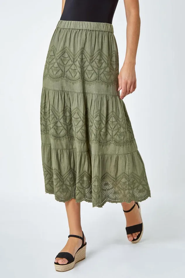 Khaki Broderie Elastic Waist A Line Tiered Midi Skirt Women Roman Skirts