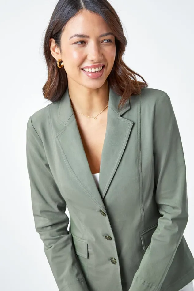 Khaki Button Detail Stretch Blazer Women Roman Coords