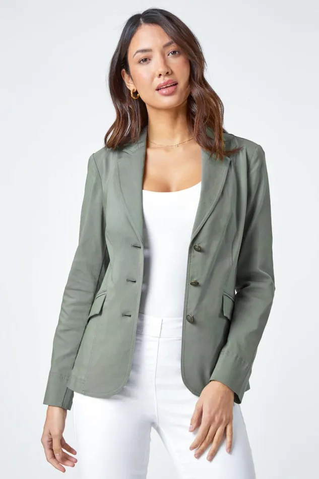 Khaki Button Detail Stretch Blazer Women Roman Coords