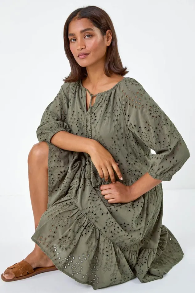 Khaki Cotton Broderie Tiered Smock Dress Women Roman Dresses