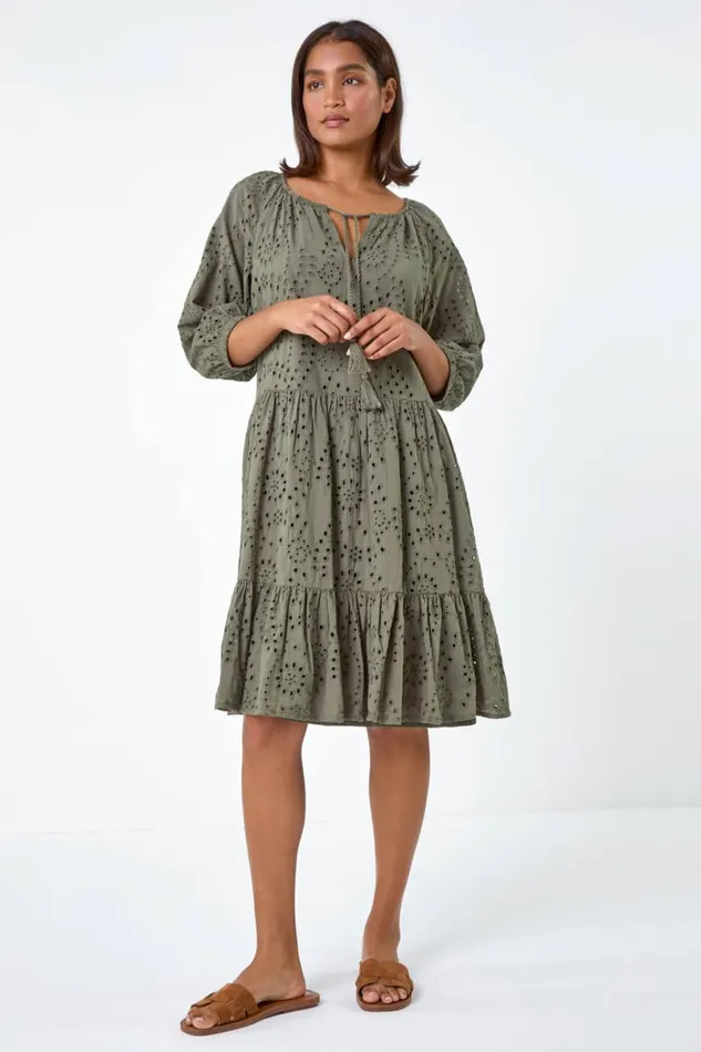 Khaki Cotton Broderie Tiered Smock Dress Women Roman Dresses