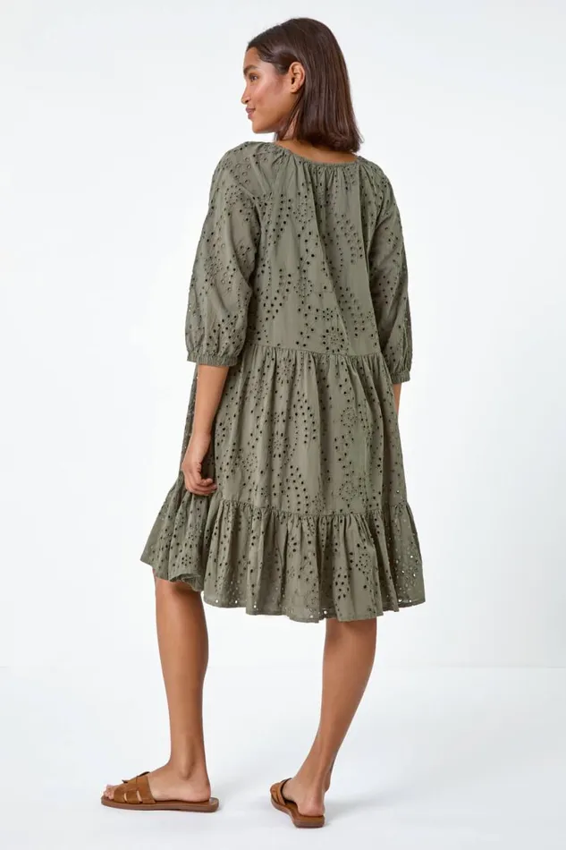 Khaki Cotton Broderie Tiered Smock Dress Women Roman Dresses