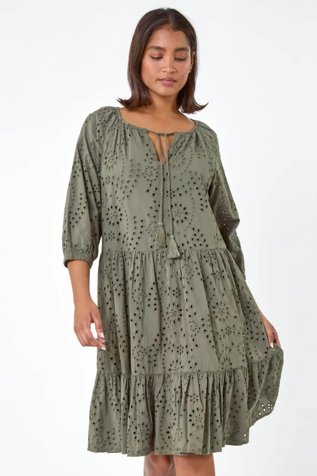 Khaki Cotton Broderie Tiered Smock Dress Women Roman Dresses