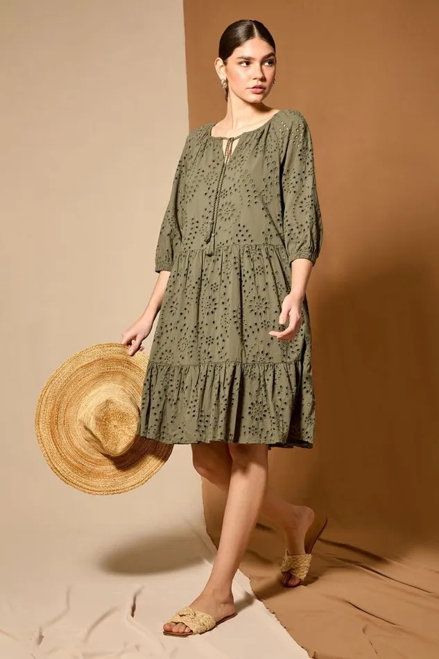 Khaki Cotton Broderie Tiered Smock Dress Women Roman Dresses