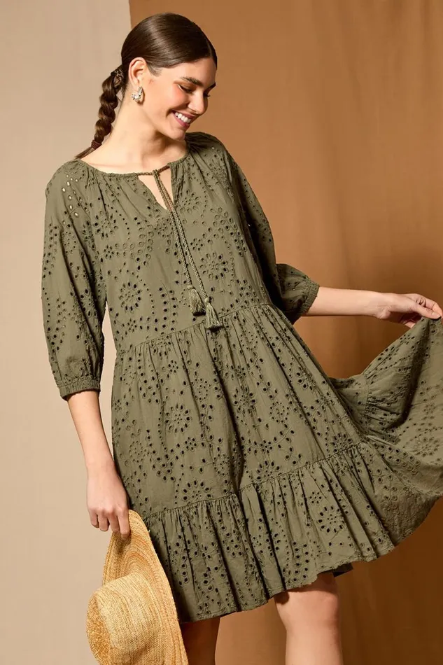 Khaki Cotton Broderie Tiered Smock Dress Women Roman Dresses