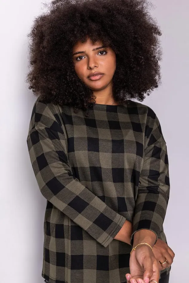Khaki Curve Check Print Long Sleeve Top Women Roman Tops
