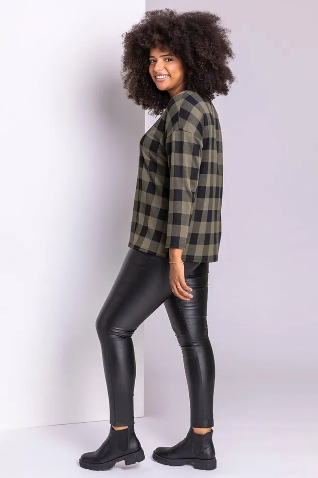 Khaki Curve Check Print Long Sleeve Top Women Roman Tops
