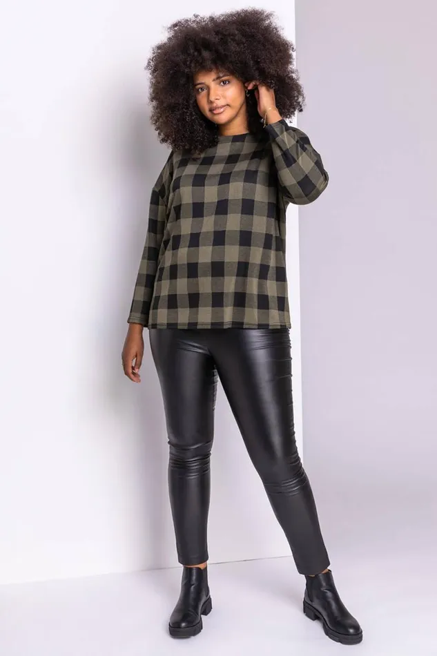 Khaki Curve Check Print Long Sleeve Top Women Roman Tops