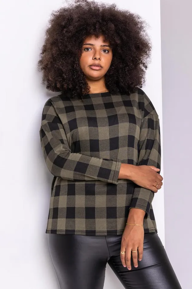 Khaki Curve Check Print Long Sleeve Top Women Roman Tops