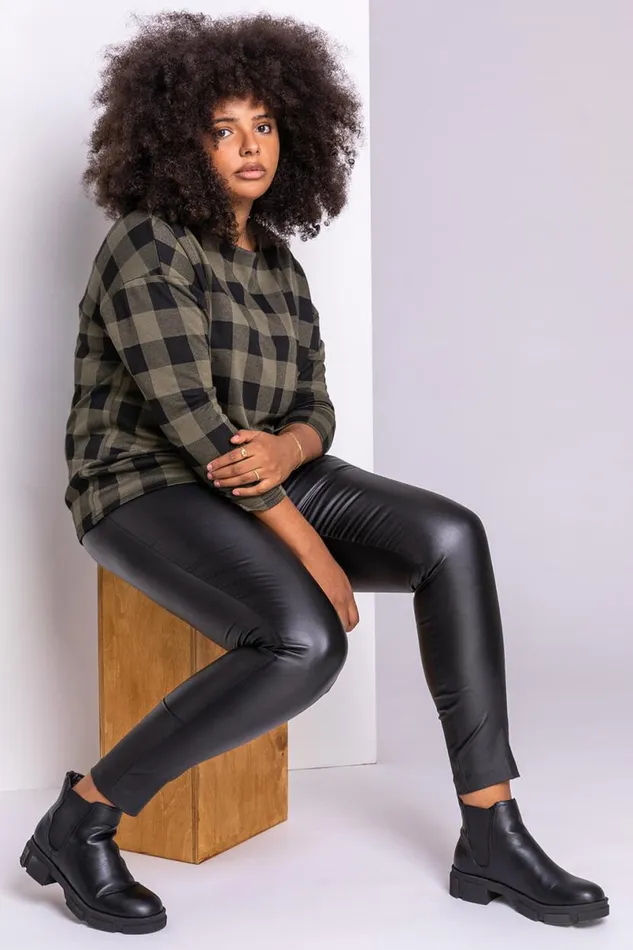 Khaki Curve Check Print Long Sleeve Top Women Roman Tops