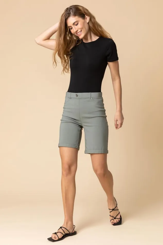 Khaki Elastic Waist Turn Up Stretch Shorts Women Roman Coords