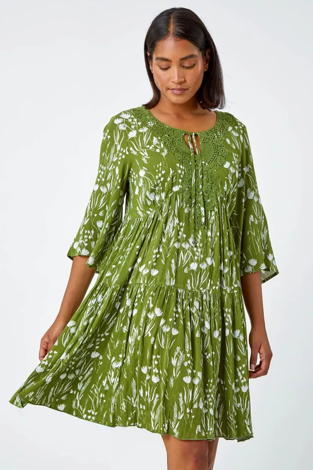 Khaki Floral Print Lace Detail Smock Dress Women Roman Dresses