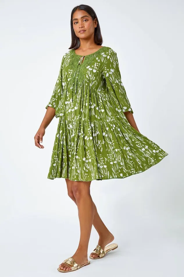 Khaki Floral Print Lace Detail Smock Dress Women Roman Dresses