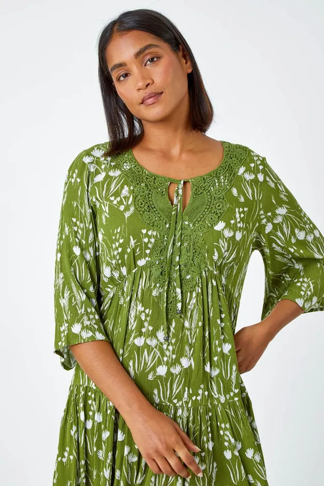 Khaki Floral Print Lace Detail Smock Dress Women Roman Dresses