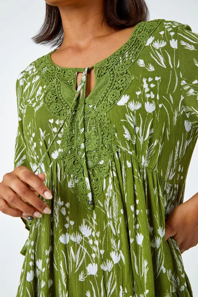 Khaki Floral Print Lace Detail Smock Dress Women Roman Dresses
