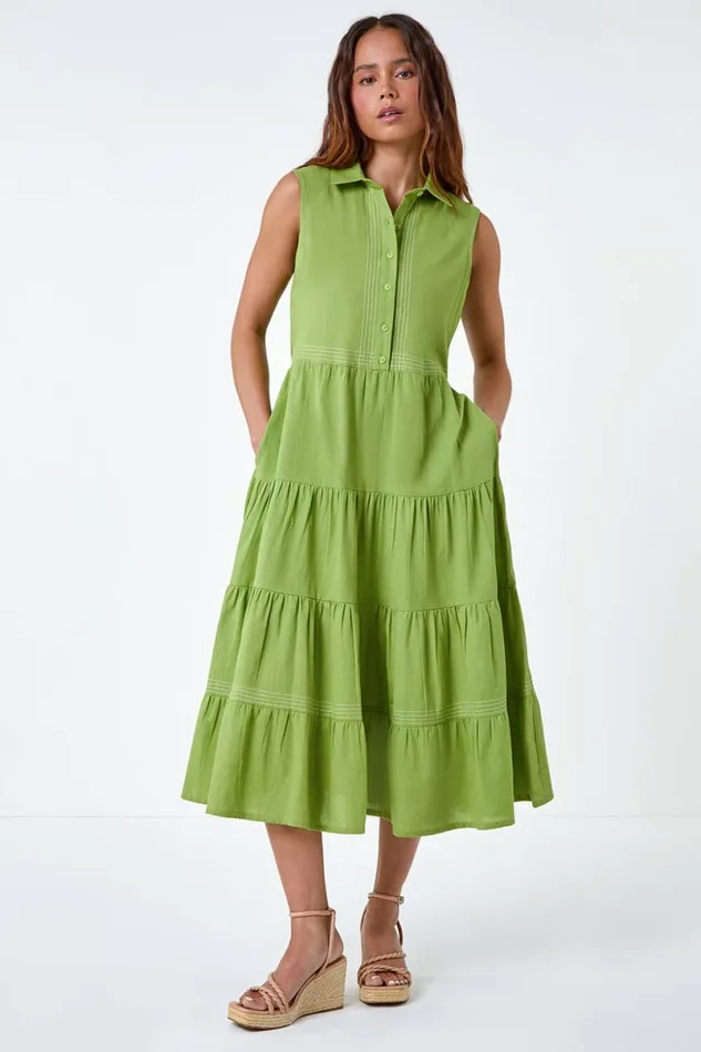 Khaki Petite Cotton Pocket Tiered Midi Dress Women Roman Dresses