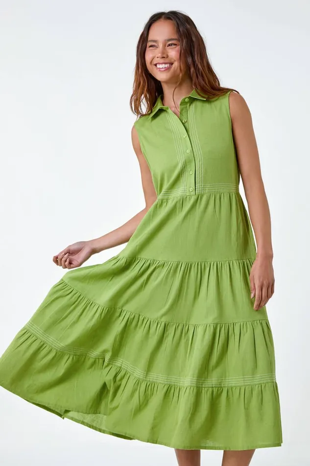 Khaki Petite Cotton Pocket Tiered Midi Dress Women Roman Dresses