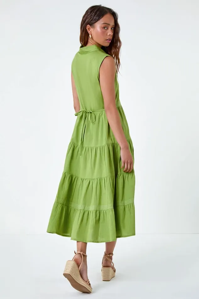 Khaki Petite Cotton Pocket Tiered Midi Dress Women Roman Dresses