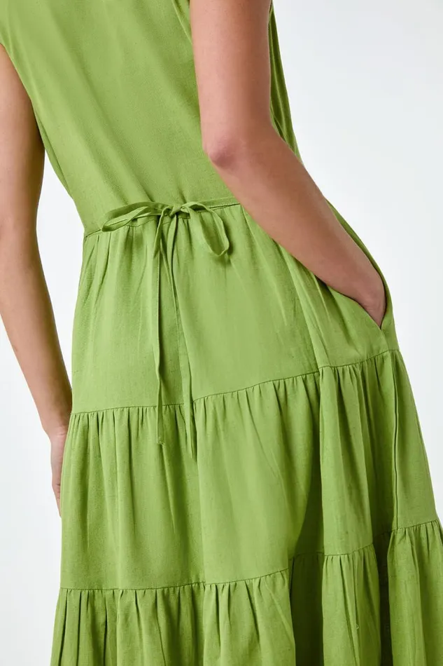 Khaki Petite Cotton Pocket Tiered Midi Dress Women Roman Dresses