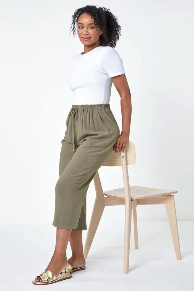 Khaki Petite Linen Mix Wide Cropped Trousers Women Roman Trousers