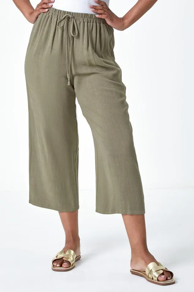 Khaki Petite Linen Mix Wide Cropped Trousers Women Roman Trousers
