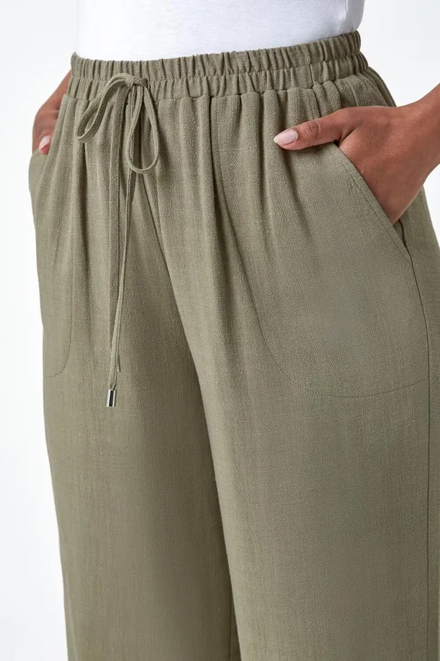 Khaki Petite Linen Mix Wide Cropped Trousers Women Roman Trousers