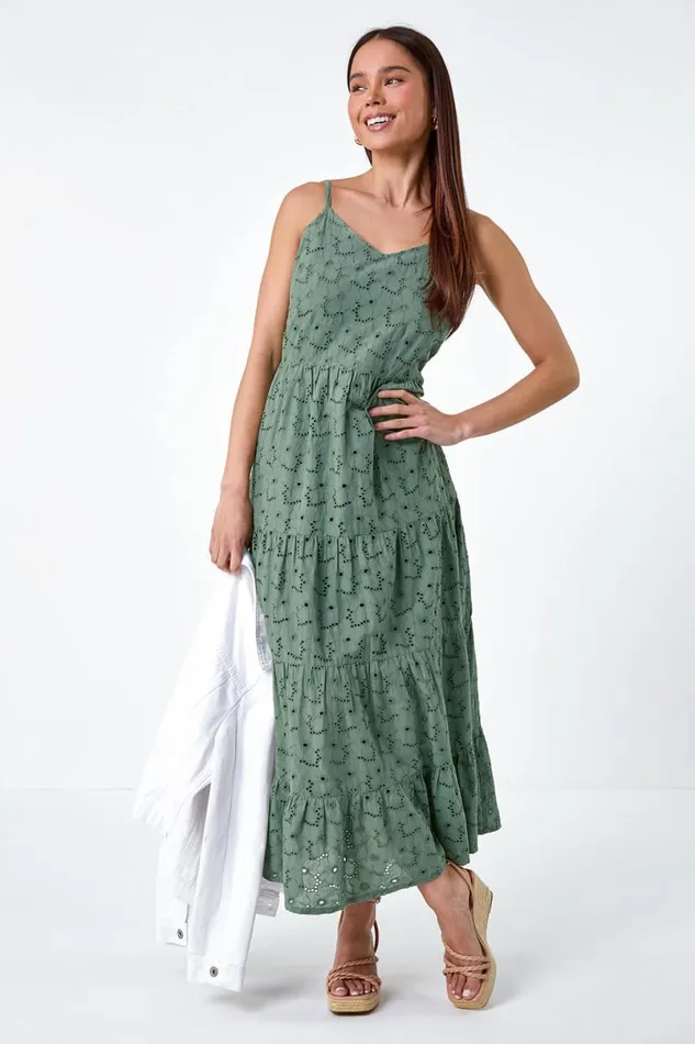 Khaki Petite Tie Detail Broderie Dress Women Roman Dresses