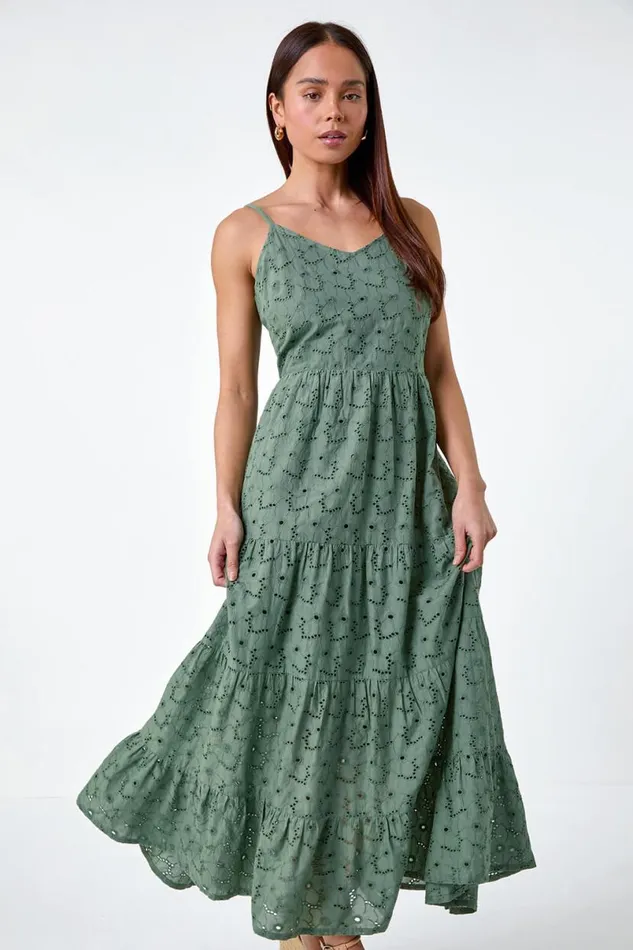Khaki Petite Tie Detail Broderie Dress Women Roman Dresses