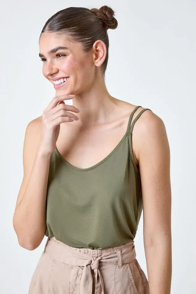 Khaki Plain Double Strap VNeck Stretch Vest Top Women Roman Tops