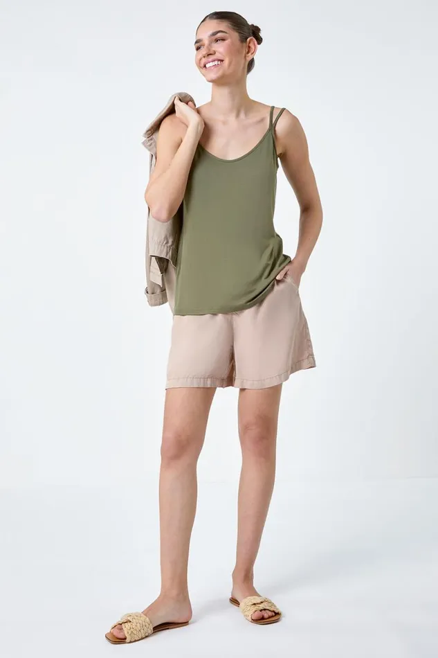 Khaki Plain Double Strap VNeck Stretch Vest Top Women Roman Tops