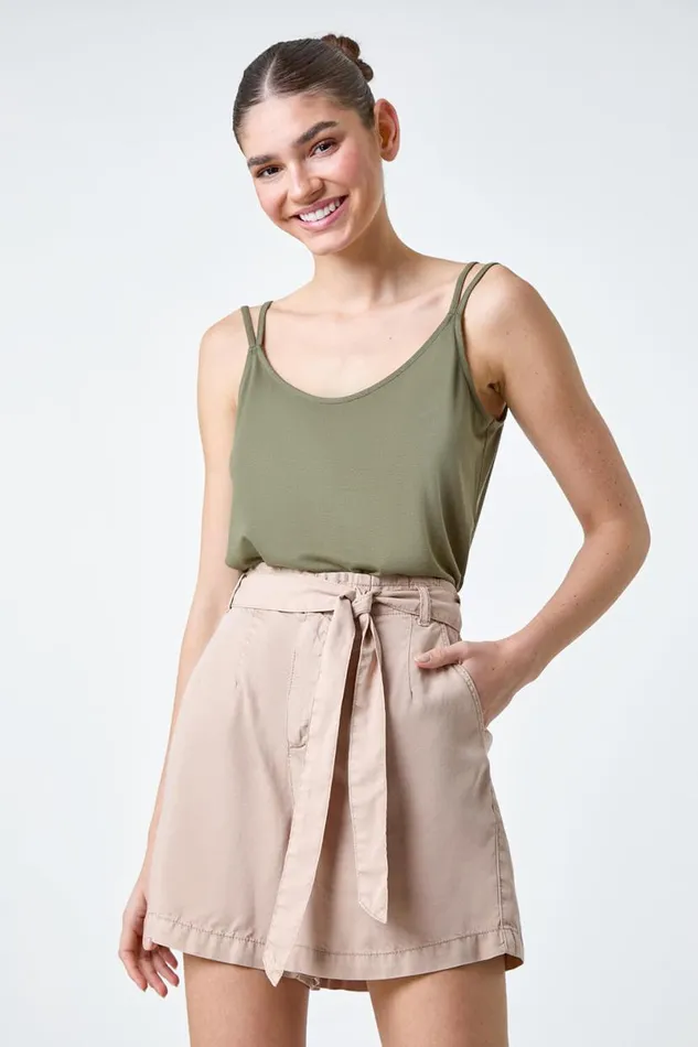 Khaki Plain Double Strap VNeck Stretch Vest Top Women Roman Tops