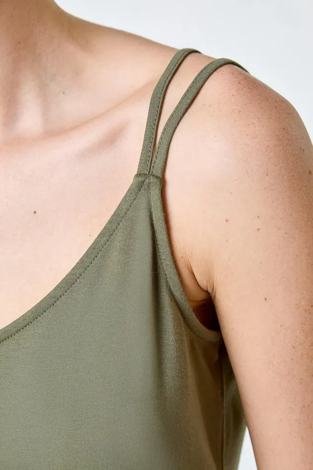 Khaki Plain Double Strap VNeck Stretch Vest Top Women Roman Tops