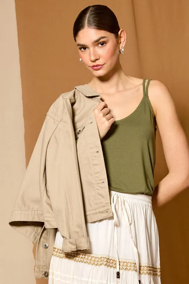 Khaki Plain Double Strap VNeck Stretch Vest Top Women Roman Tops
