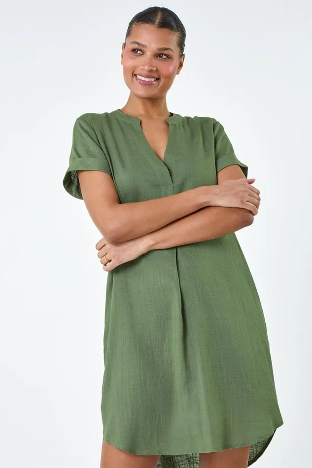 Khaki Pleat Front Curved Hem Shift Dress Women Roman Dresses