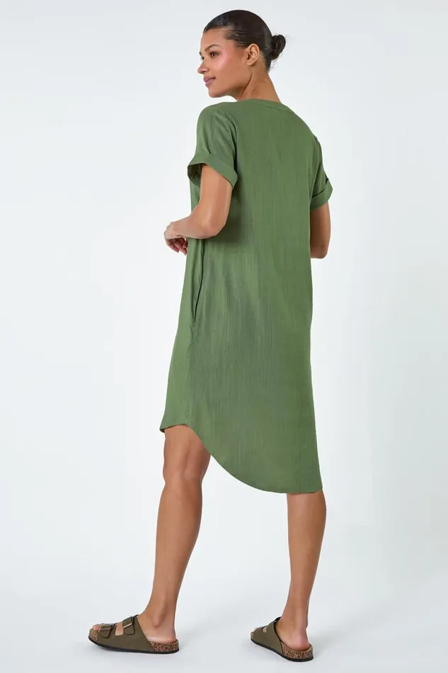 Khaki Pleat Front Curved Hem Shift Dress Women Roman Dresses