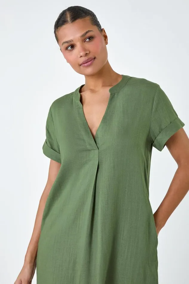 Khaki Pleat Front Curved Hem Shift Dress Women Roman Dresses