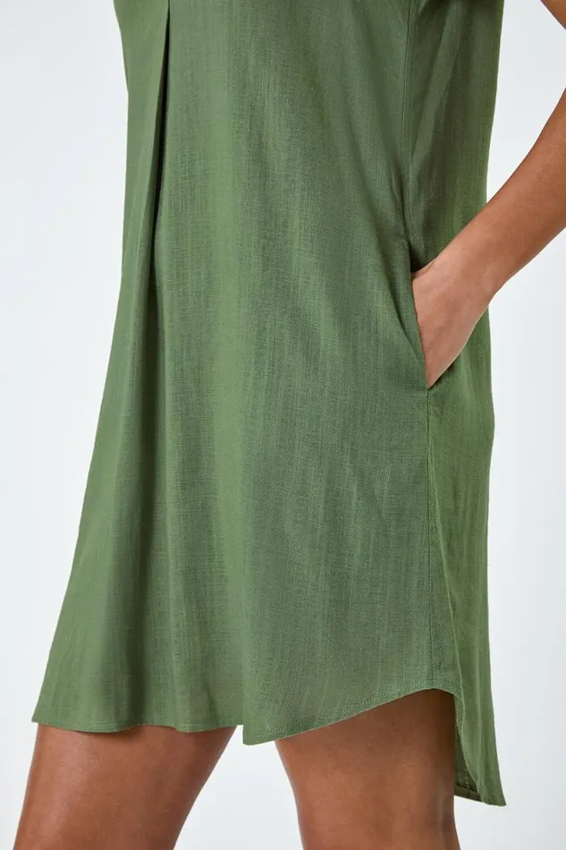 Khaki Pleat Front Curved Hem Shift Dress Women Roman Dresses