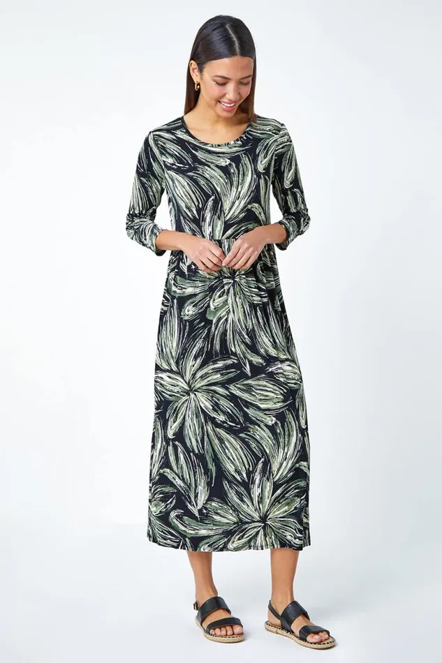 Khaki Textured Floral Print Midi Stretch Dress Women Roman Dresses