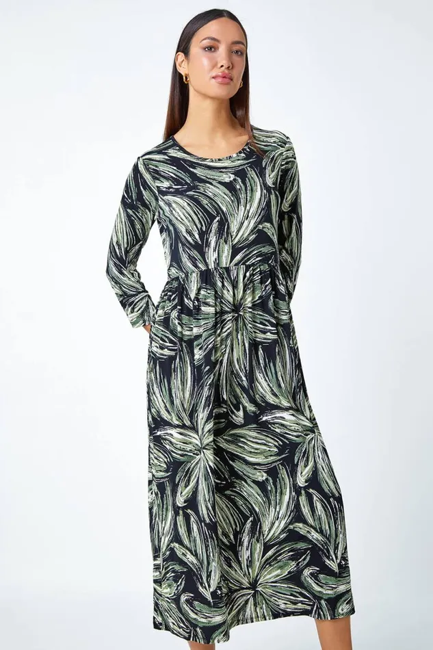 Khaki Textured Floral Print Midi Stretch Dress Women Roman Dresses