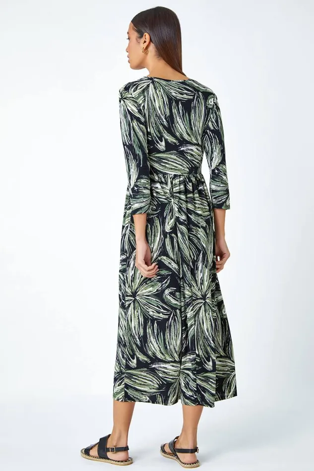 Khaki Textured Floral Print Midi Stretch Dress Women Roman Dresses
