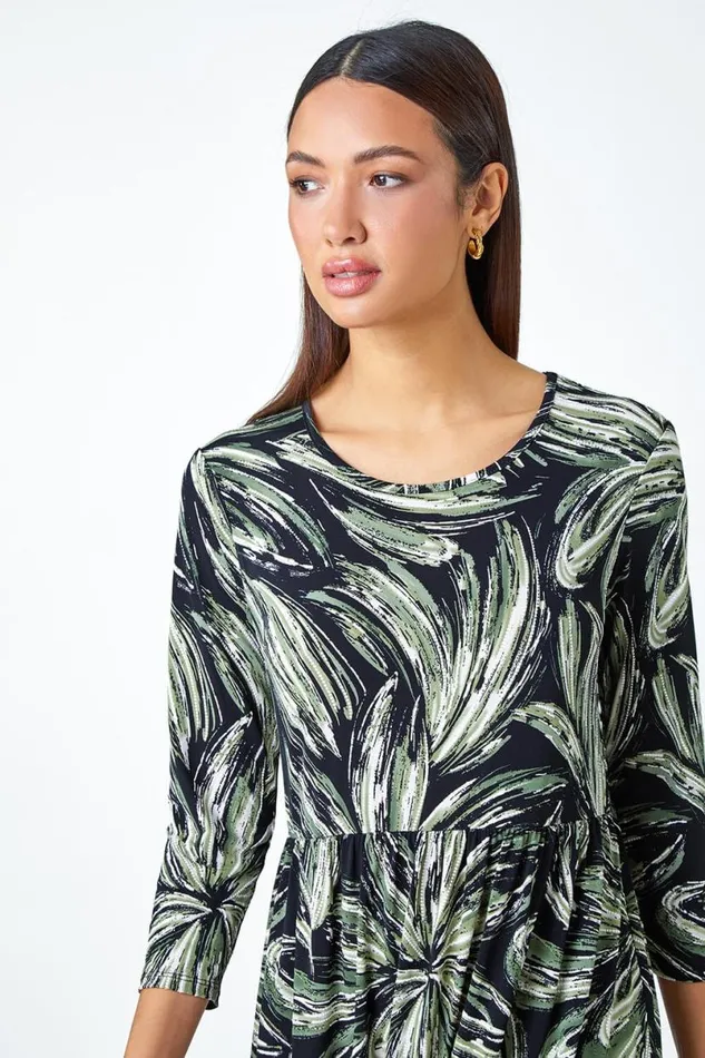 Khaki Textured Floral Print Midi Stretch Dress Women Roman Dresses
