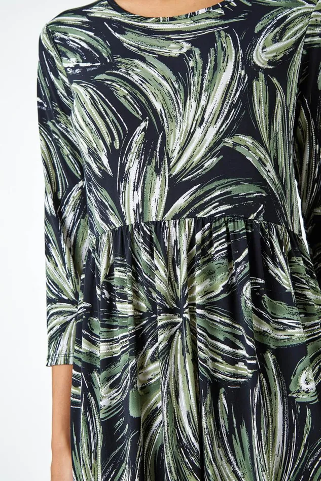 Khaki Textured Floral Print Midi Stretch Dress Women Roman Dresses