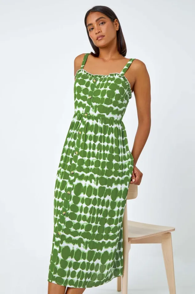 Khaki Tie Dye Spot Print Midi Sundress Women Roman Dresses